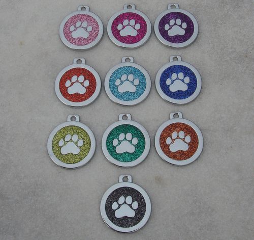 Hundemarke ø25mm Glitter Pfote mit Diamantgravur in Juwelierqualität 10 Farben
